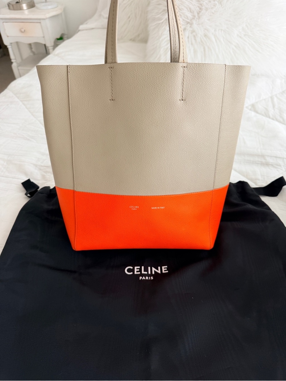 Celine Cabas Tote  Two-Tone  Taupe and Orange Leather Tote